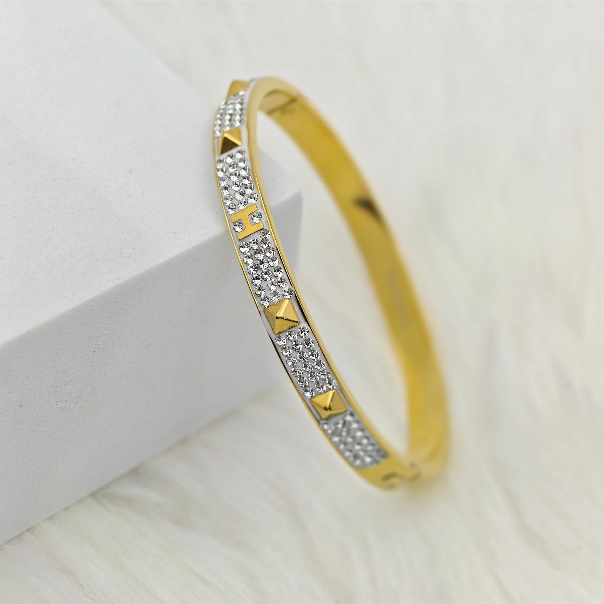 - Luxury 22K Gold Plated Anti-Tarnish Pyramid CZ Bracelet – Stainless Steel Crystal Studded Bangle - The Soul Jewellery