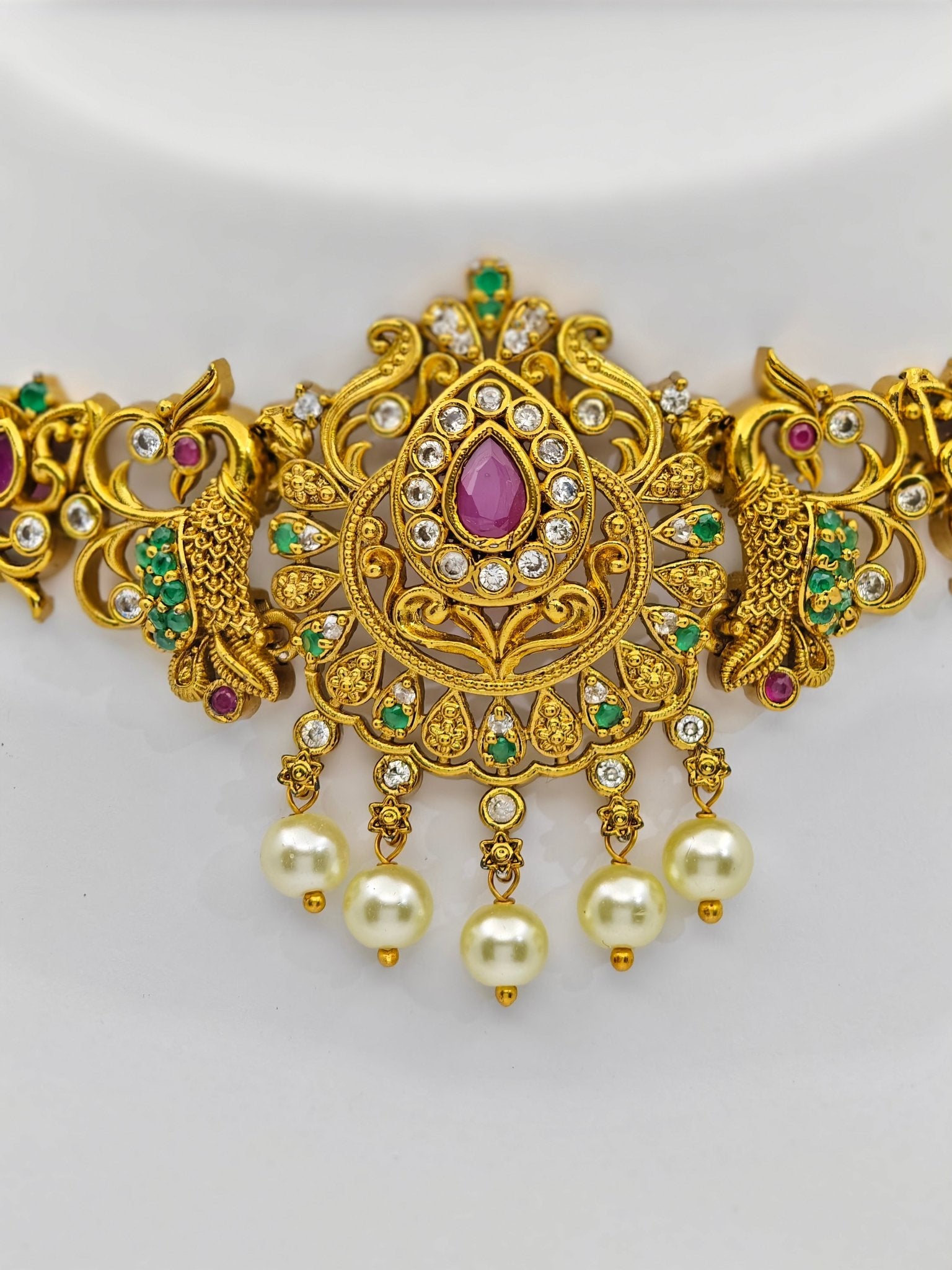 Apala Nakshi Choker Set with Pearl Drops and Intricate Peacock Motifs – Traditional Temple Jewelry MGNS312 - The Soul Jewellery