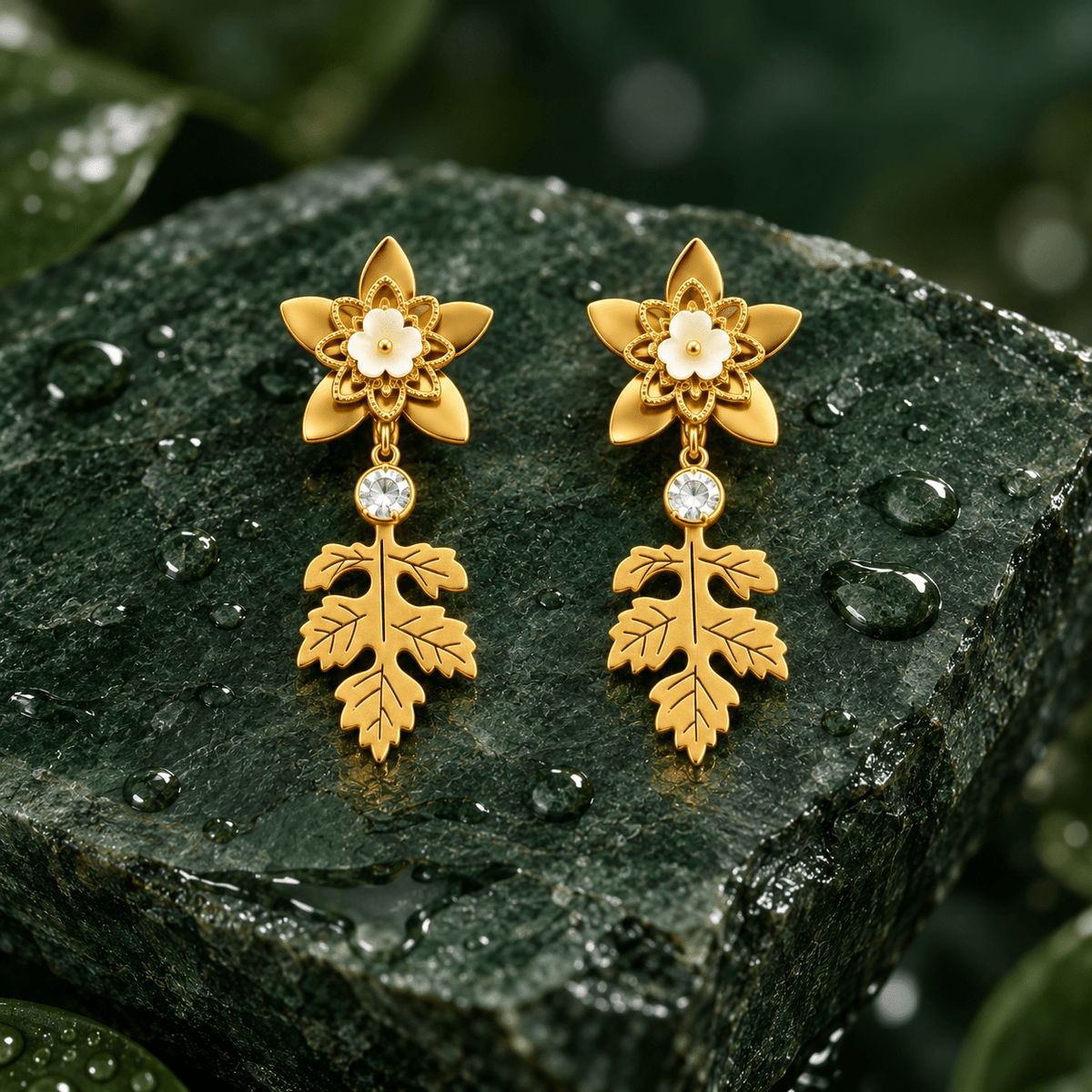 Gold-Tone Stainless Steel Floral Leaf Drop Earrings for Women | White Flower & Crystal Dangle Earrings - Soul Jewellery