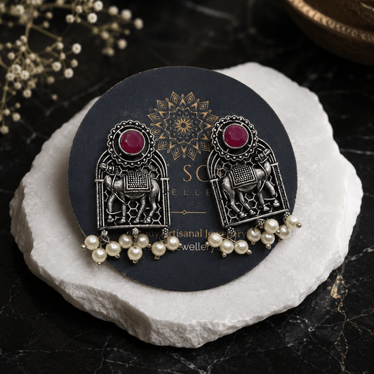 Oxidised Camel Pearl Earrings for Women | Antique Silver Replica Tribal Earrings with Ruby Red Stone - The Soul Jewellery