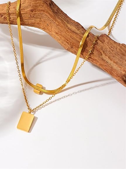 Gold Plated Anti-Tarnish Layered Necklace with Green Rhinestone & MOP Charm –Dual Chain Neckpiece  - The Soul Jewellery