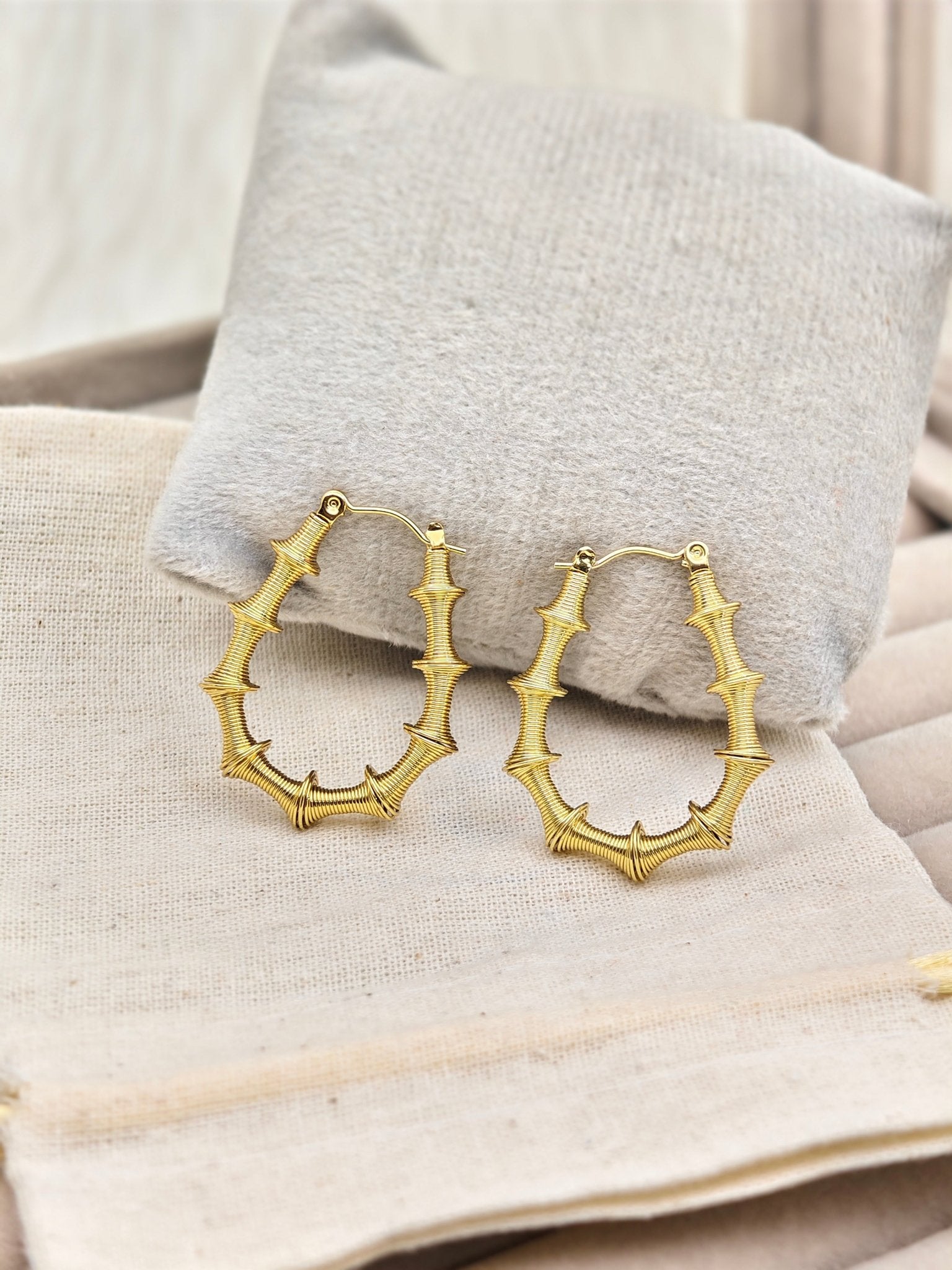 Demi-Fine Gold Bamboo Hoop Earrings | Nature-Inspired Textured Stainless Steel Everyday WearHoops - The Soul Jewellery