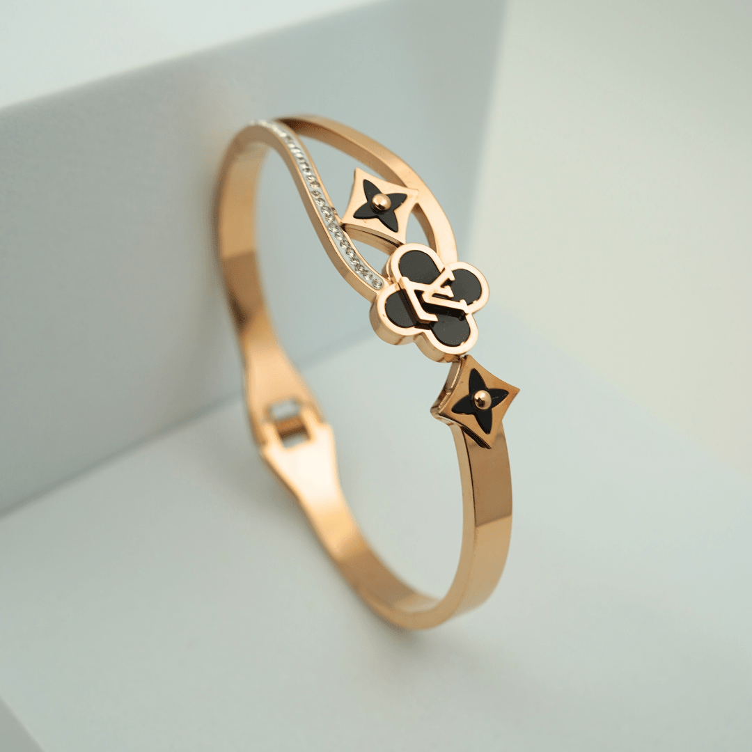 LV-Inspired Rose Gold Anti-Tarnish Bangle – Black Enamel & Crystal Openable Designer Bracelet - The Soul Jewellery