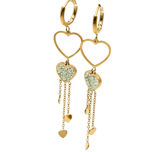 Sparkling Heart Dangle Earrings with Chain Accents – 18K Gold Plated, Anti - Tarnish Finish ATER206 - The Soul Jewellery