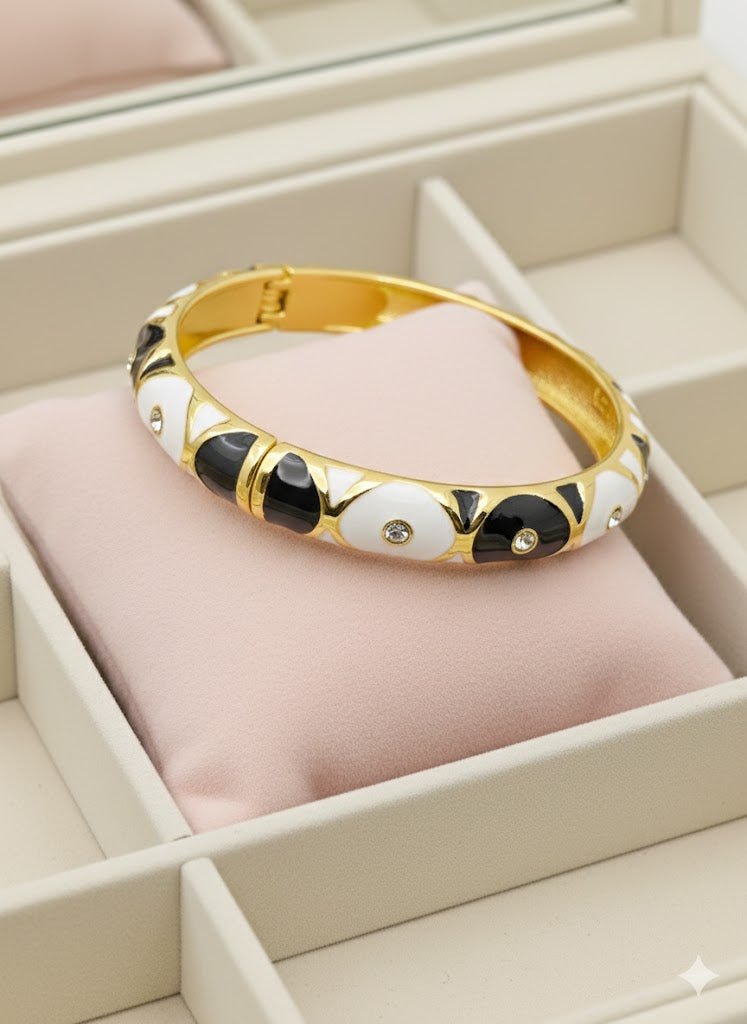 AURÉLIA AMORE LUXE 6™ Noir Pearl Harmony CZ Demi Fine Enamel Kada Bracelet for Women - The Soul Jewellery