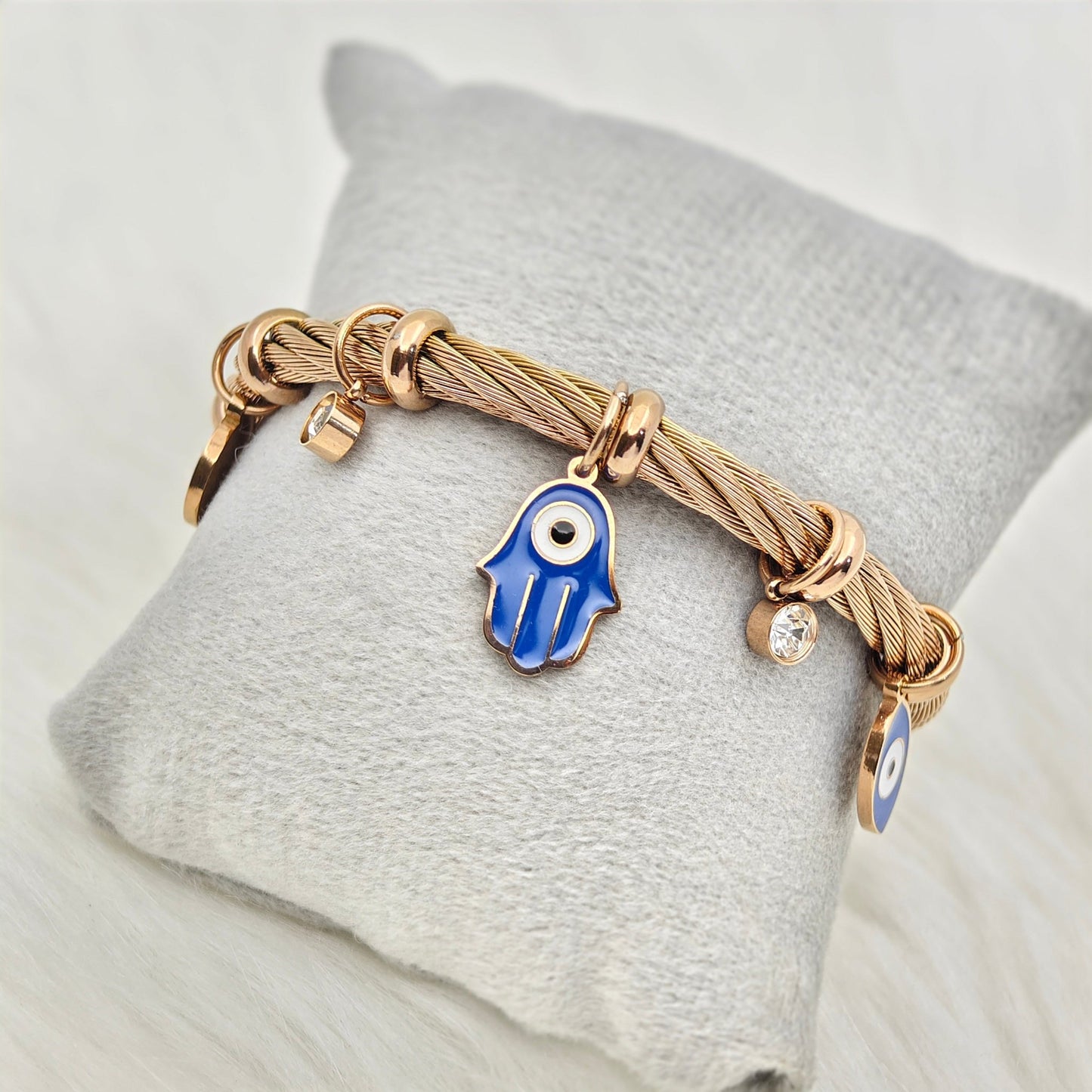 18K Rose Gold-Plated Evil Eye & Hamsa Charm Bracelet – Anti-Tarnish Stainless Steel Turkish Bangle - The Soul Jewellery