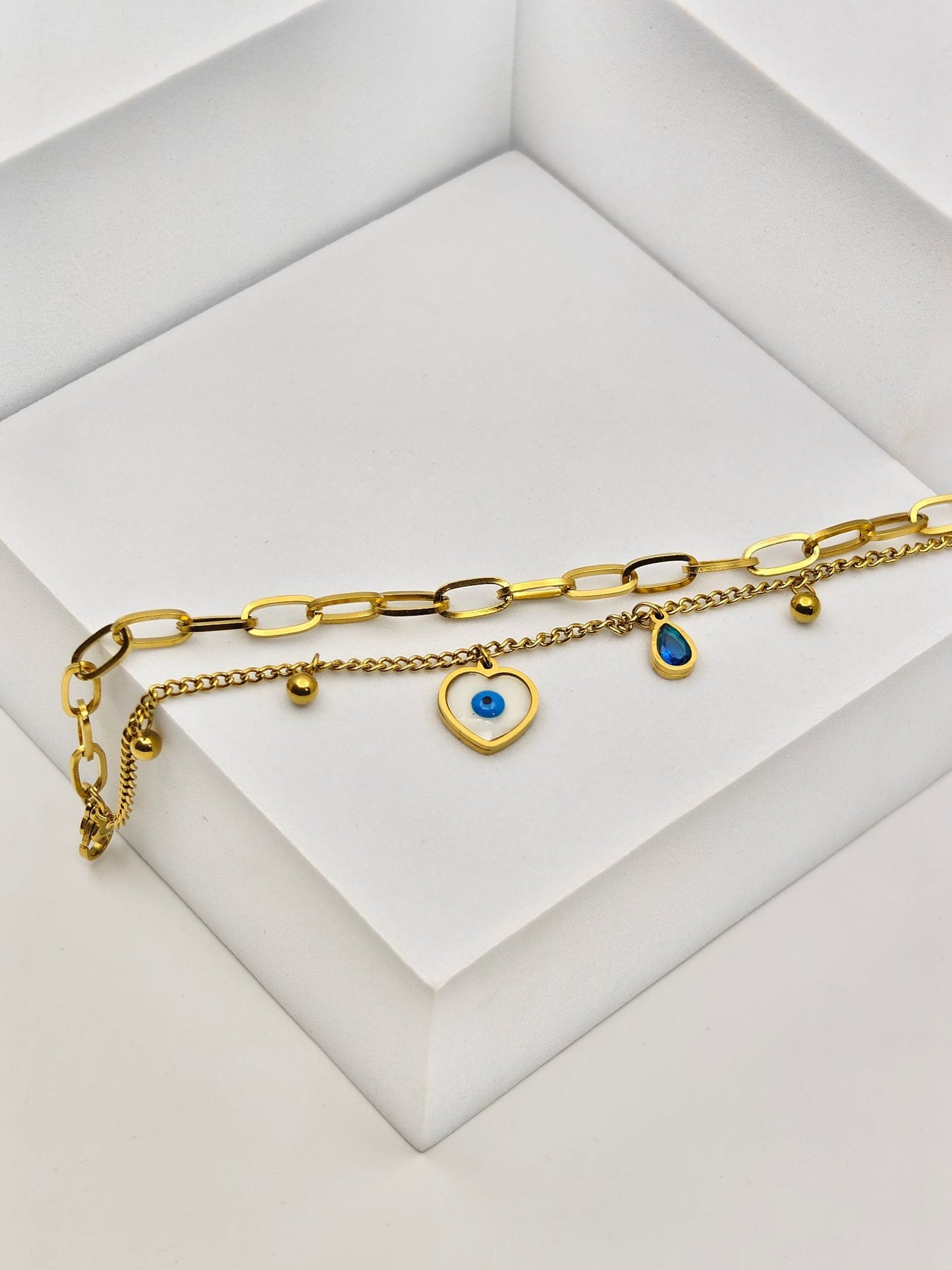 Aurelia 6 NazarHeart Dual - Chain Demi - Fine Anti - Tarnish Evil Eye Gold Bracelet for Women - The Soul Jewellery