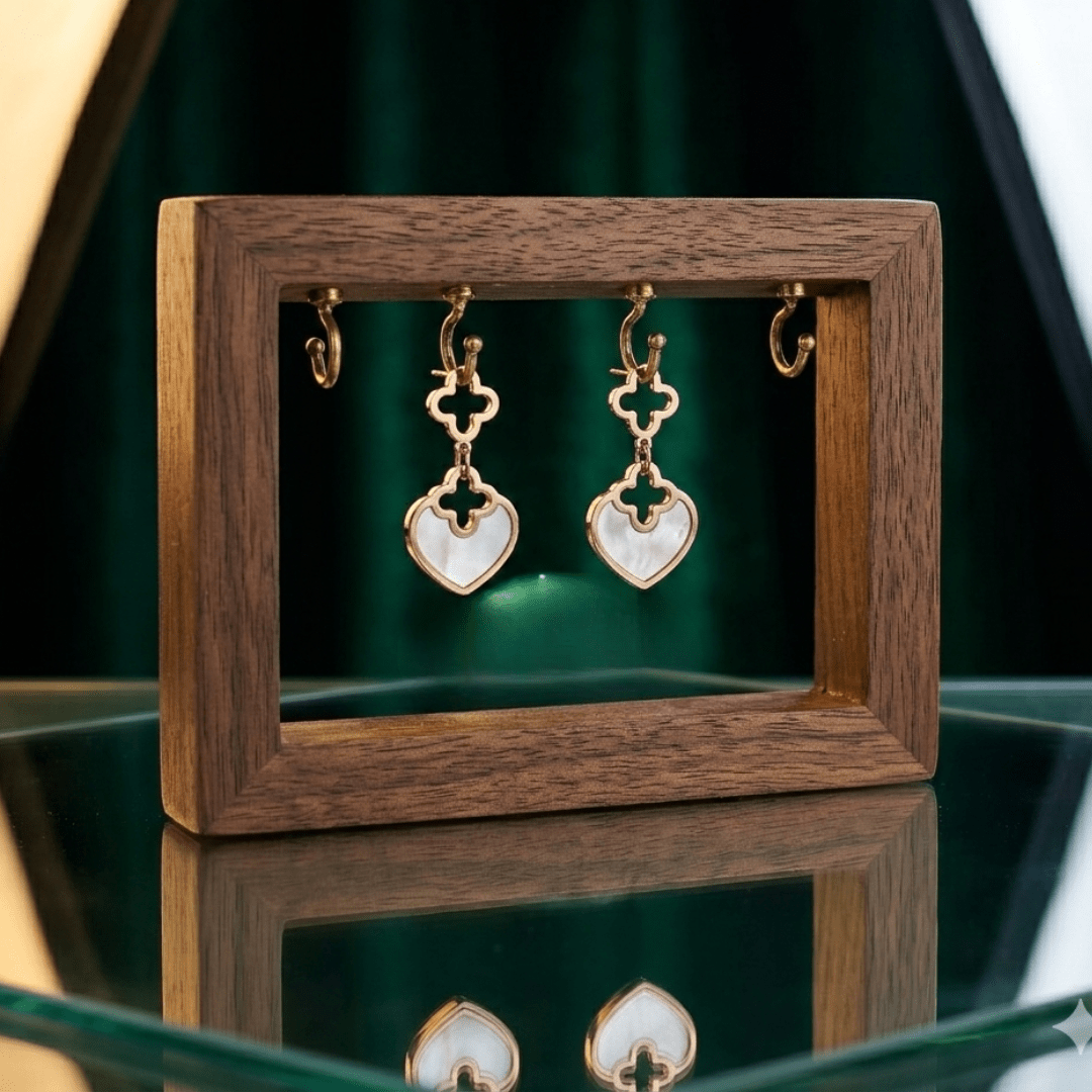 Celestial Clover Aura 6™ Rose Gold Mother of Pearl Heart Drop Demi Fine Earrings for Women - The Soul Jewellery
