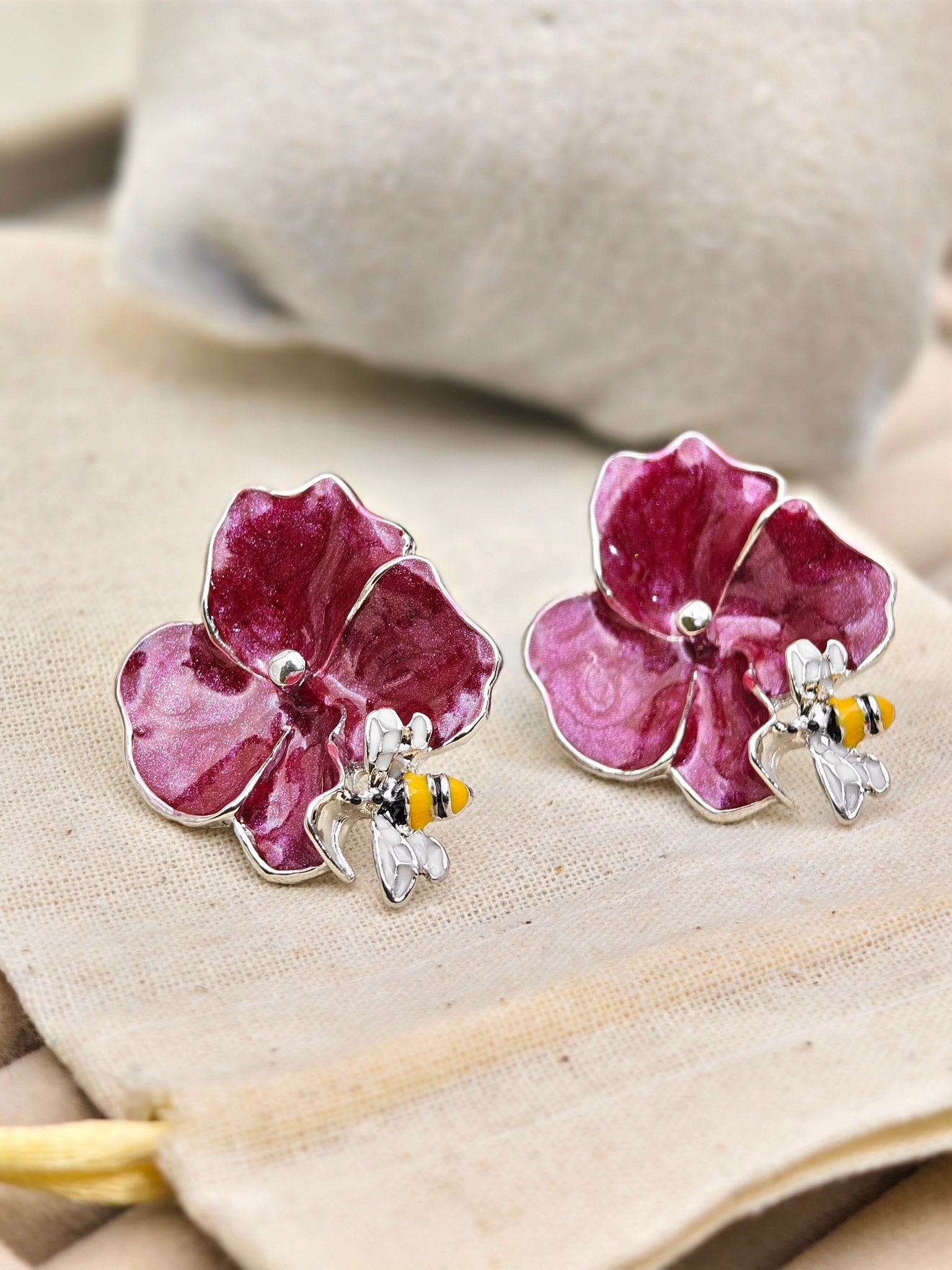 Demi - Fine Red Enamel Flower Bumblebee Earrings | Floral Statement Retro Bee Stud Jewelry - The Soul Jewellery