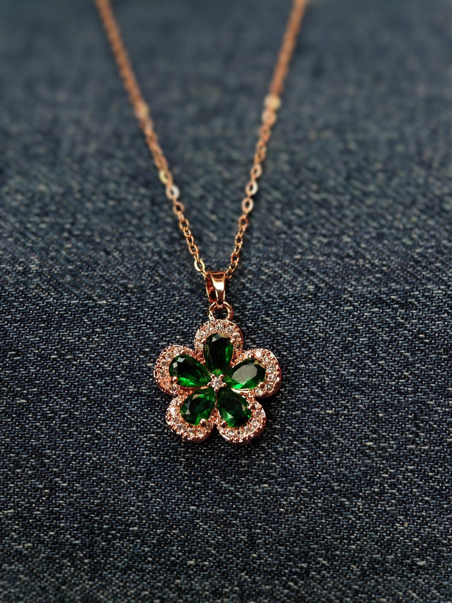 Green Crystal Flower Anti Tarnish Pendant Necklace Rose Gold - The Soul Jewellery