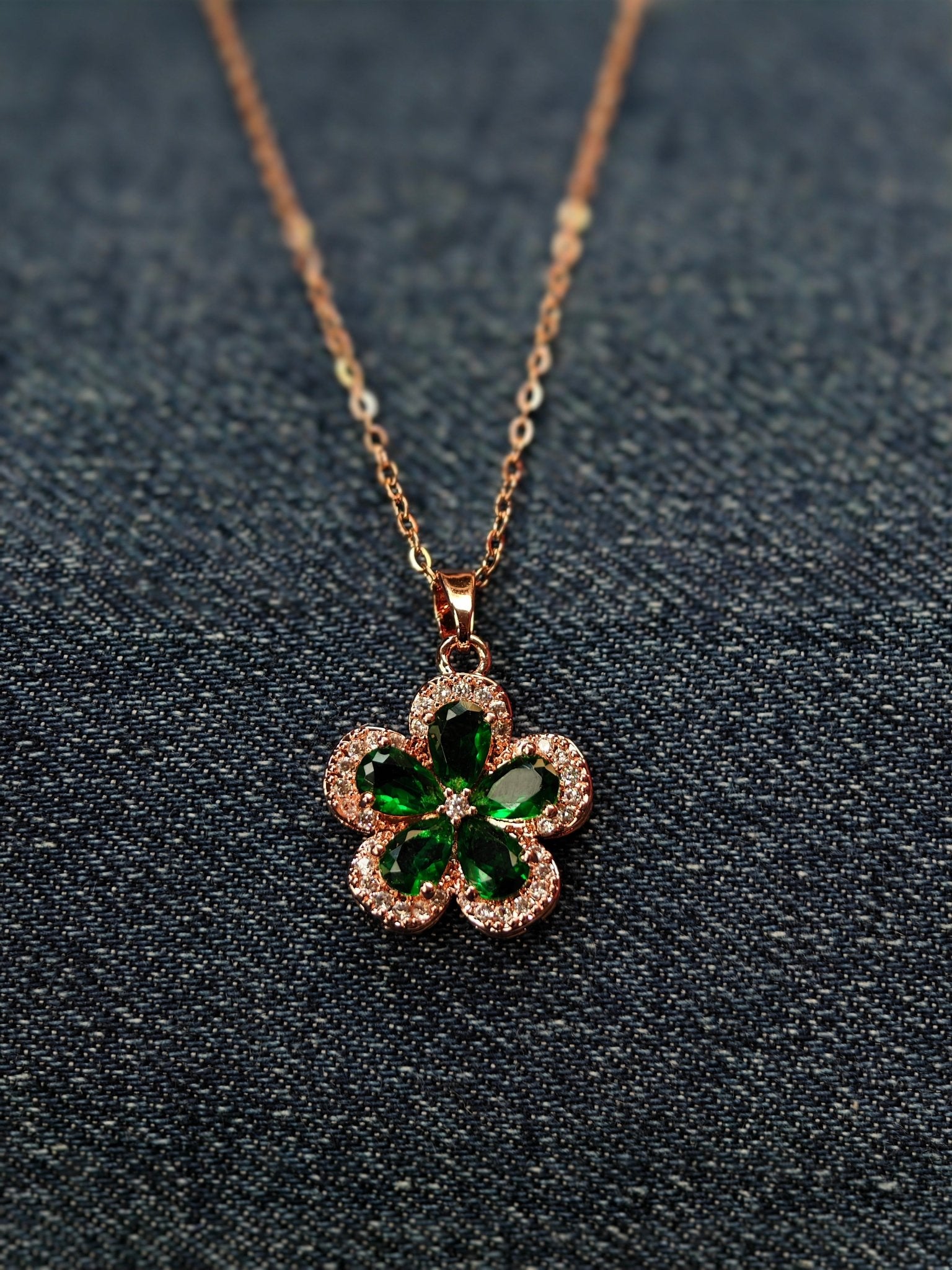 Green Crystal Flower Anti Tarnish Pendant Necklace Rose Gold - The Soul Jewellery