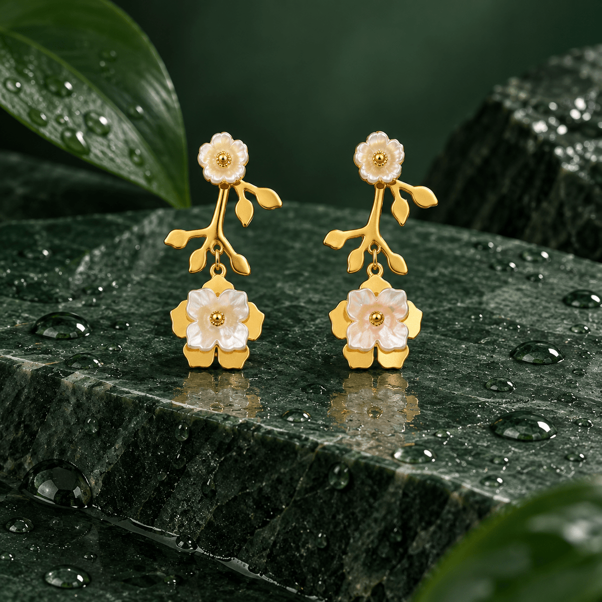 Gold-Tone Stainless Steel Pearlescent Floral Drop Earrings for Women | Elegant Flower & Leaf Dangle Earrings - Soul Jewellery