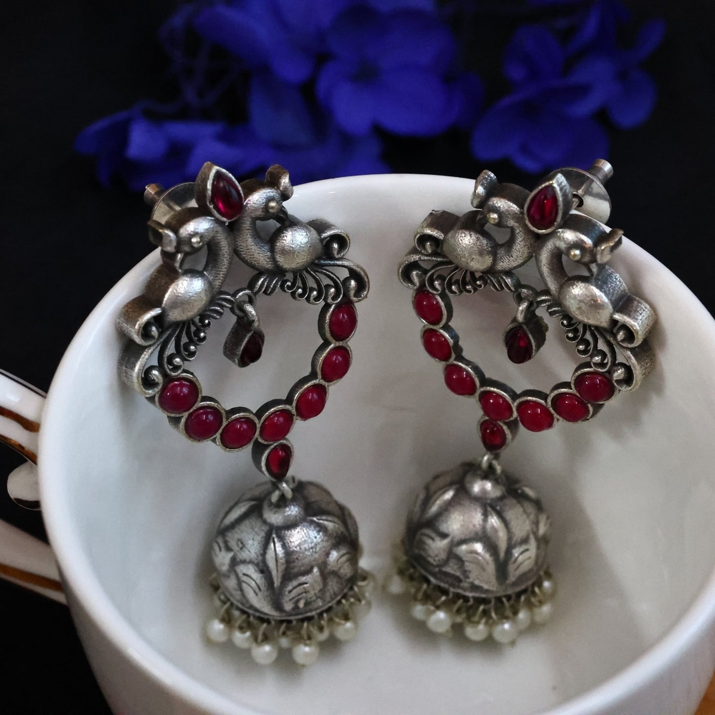 German Silver Oxidized Peacock Jhumka with Monalisa Red Stones - The Soul Jewellery