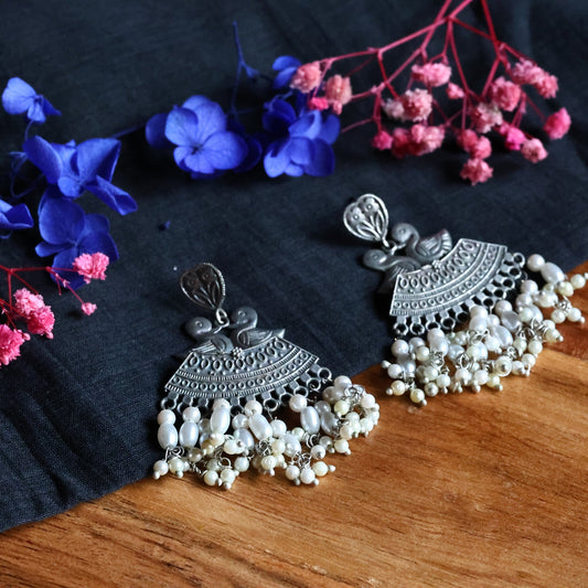 Silver Replica Oxidized Love Birds Earring with Pearl Drop - The Soul Jewellery