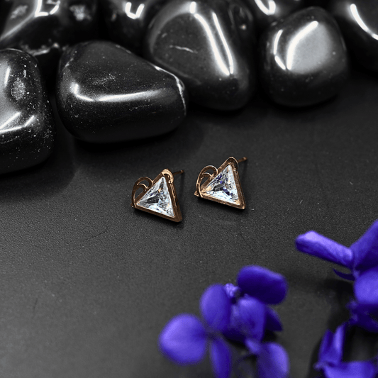 Geometric Elegance: 18K Rose Gold - Plated Anti - Tarnish Necklace and Earring Set with Triangle stone studded Pendants ATCP124 - The Soul Jewellery