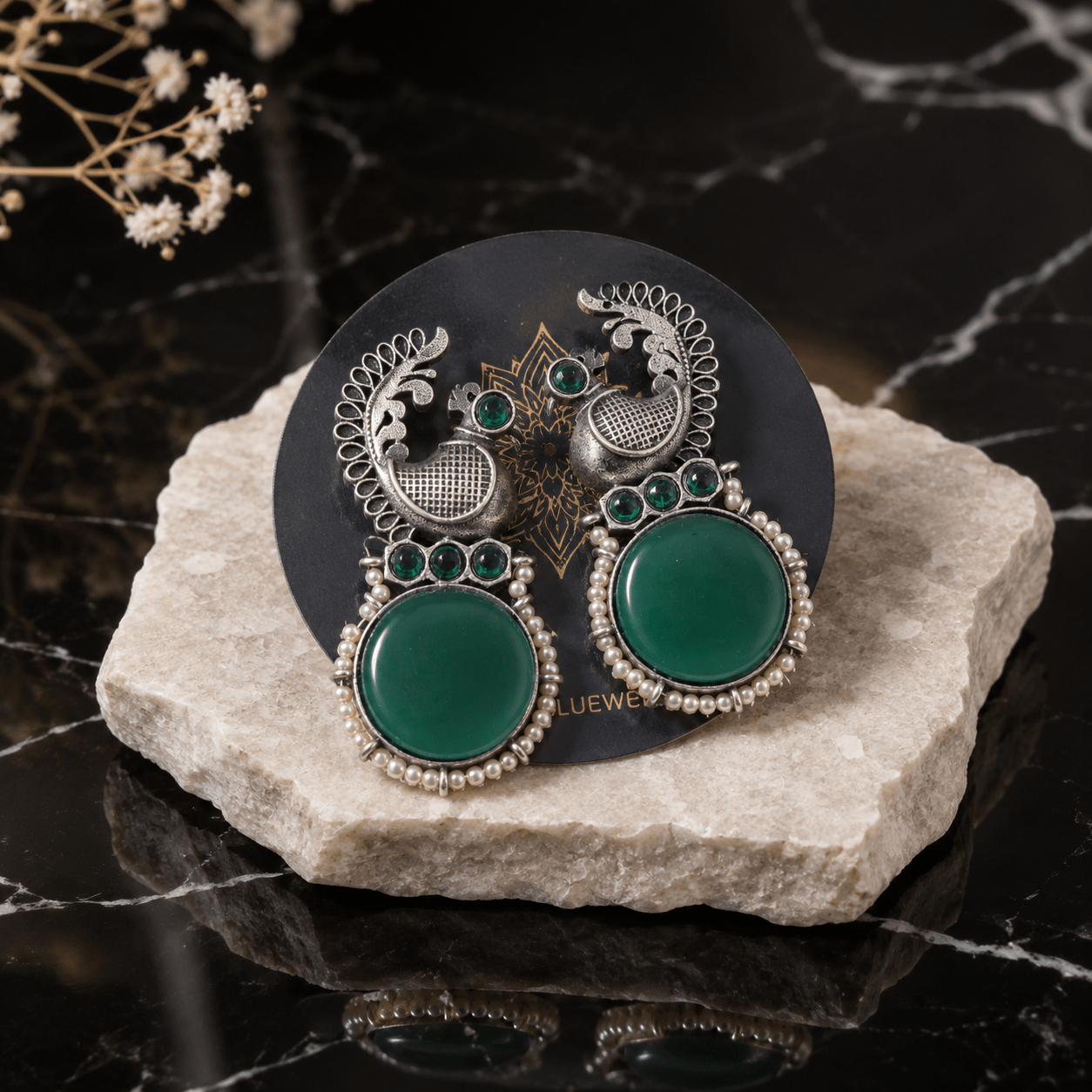 Oxidised Peacock Green Stone Earrings for Women | Antique Silver Pearl Drop Statement Earrings - The Soul Jewellery