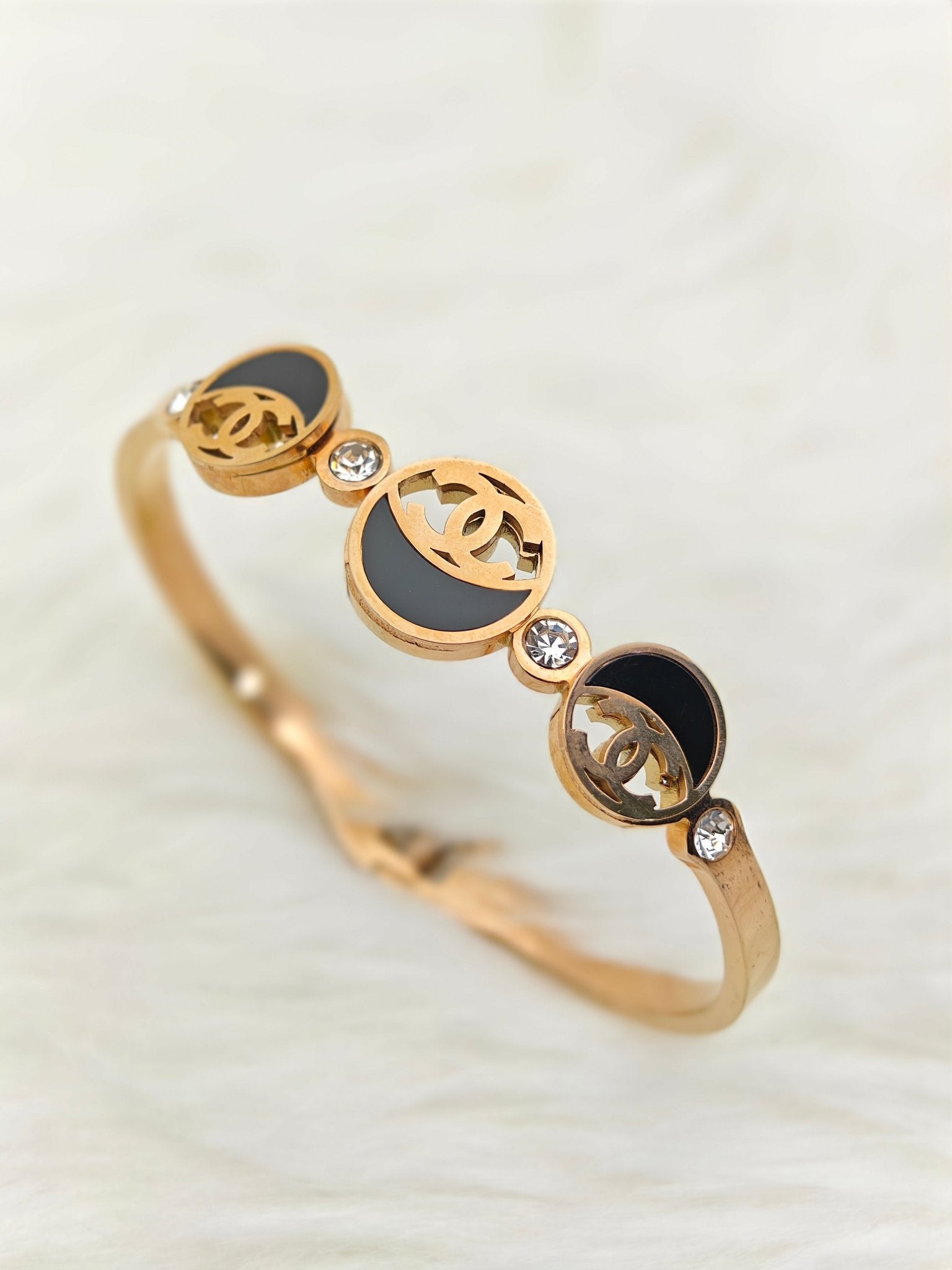 18K Rose Gold Plated Anti - Tarnish Designer Kada – Elegant Black Enamel & Crystal Statement Bangle for Women RGB499 - The Soul Jewellery