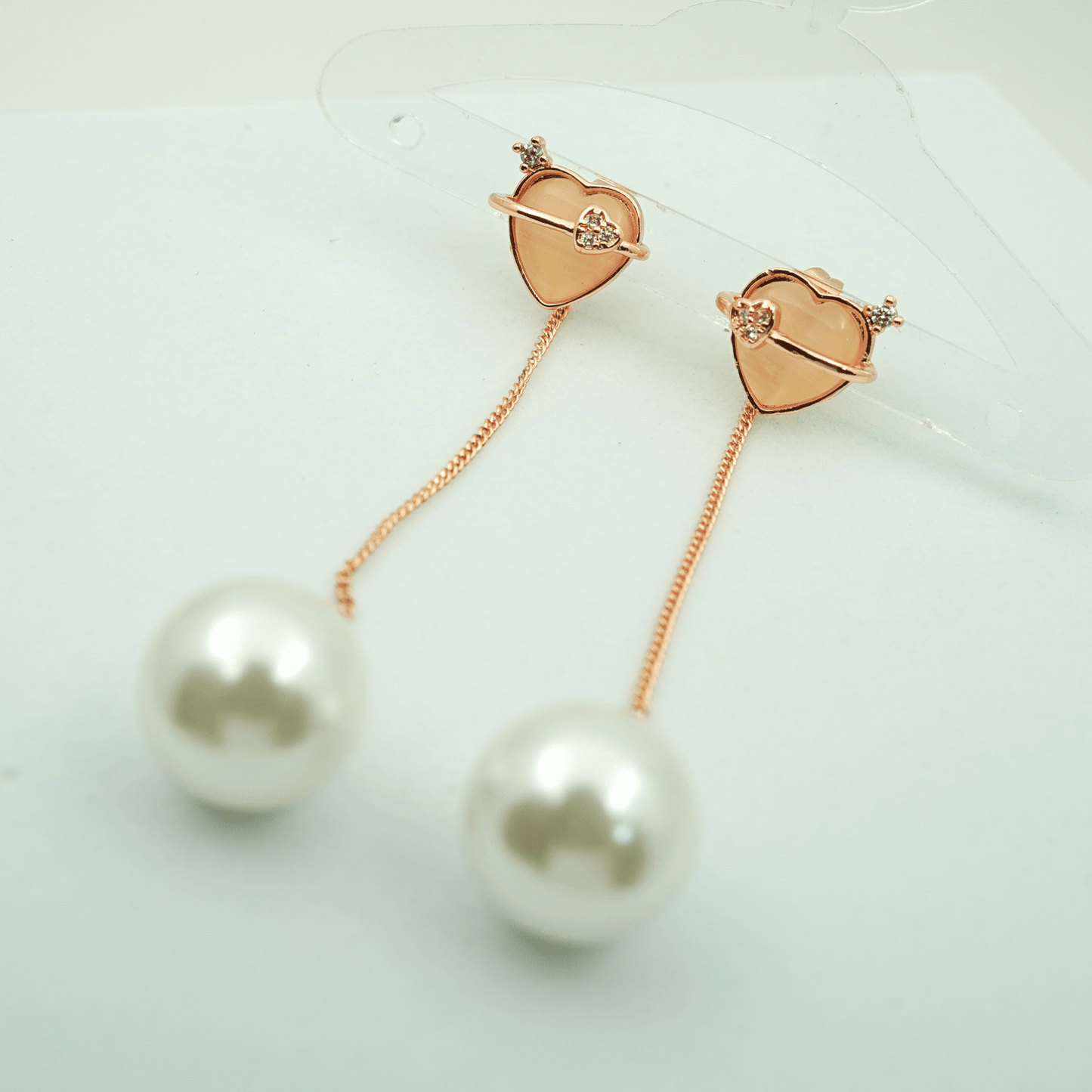 Romantic Heart and Pearl Drop Earrings – 18K Rose Gold Plated, Anti - Tarnish Finish ATER205 - The Soul Jewellery