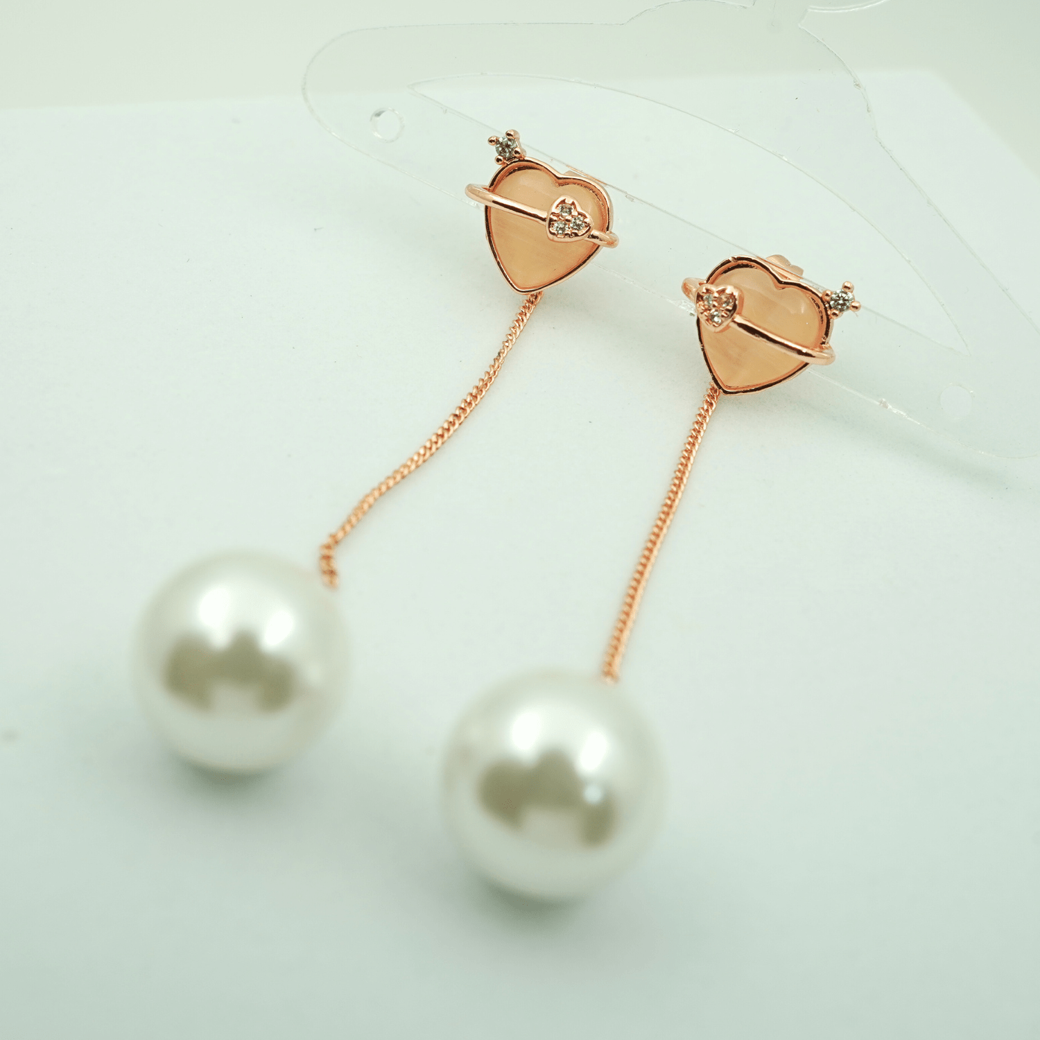 Romantic Heart and Pearl Drop Earrings – 18K Rose Gold Plated, Anti - Tarnish Finish ATER205 - The Soul Jewellery