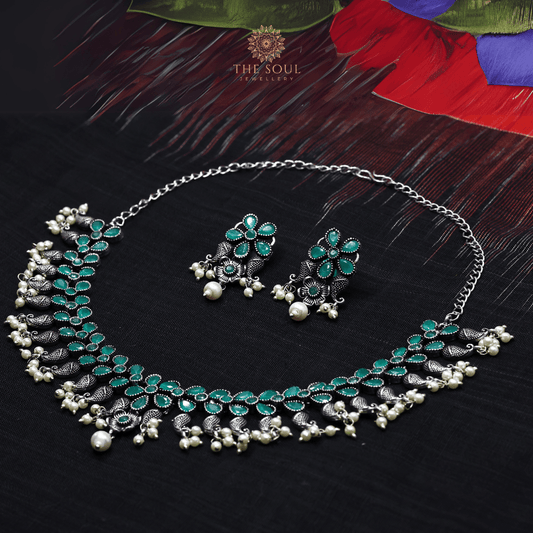 German Silver - Plated Choker Necklace Set with Green Gemstones - The Soul Jewellery
