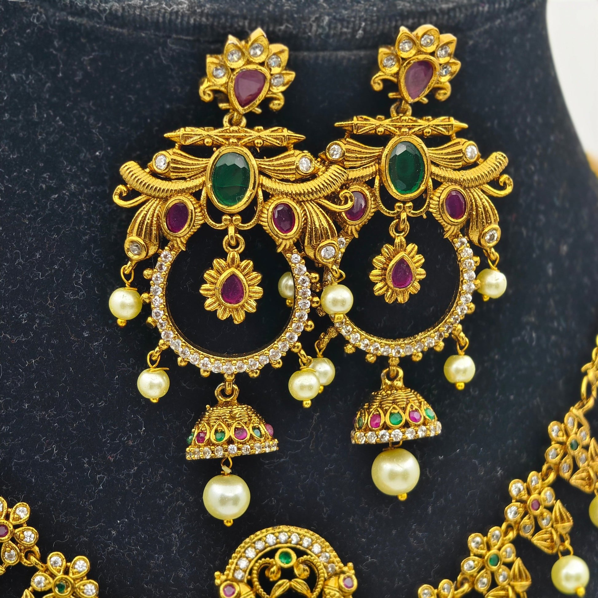 Maharani Peacock Jhumka™ Traditional Temple Necklace Set for Women – Antique Gold Plated South Indian Kundan Necklace Set, Pearl Drops & Statement Chandbali Earrings - The Soul Jewellery