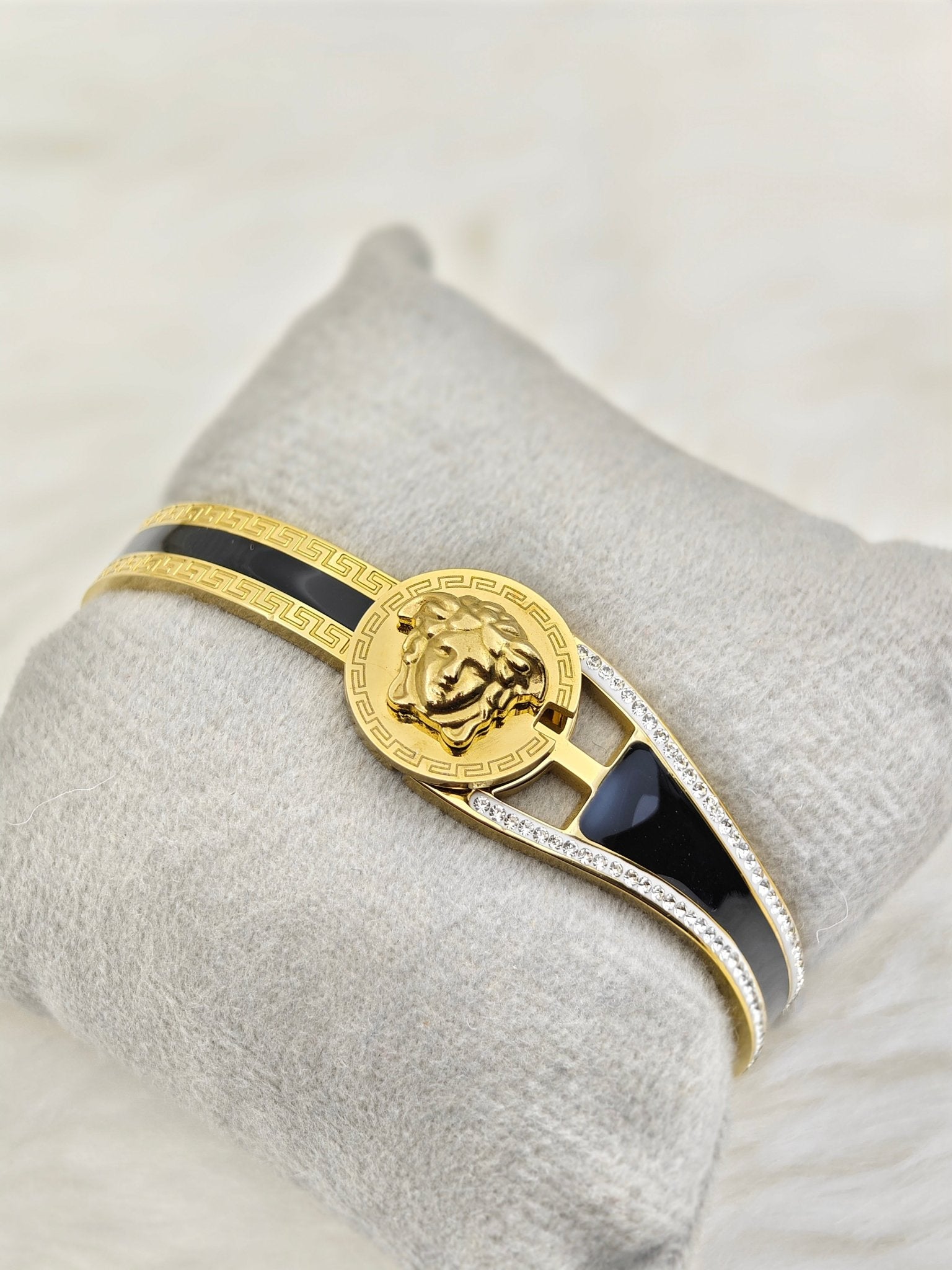 18K Gold Plated Anti-Tarnish Lion Medallion Bangle with Black Enamel & CZ Accents Unisex Kada - The Soul Jewellery