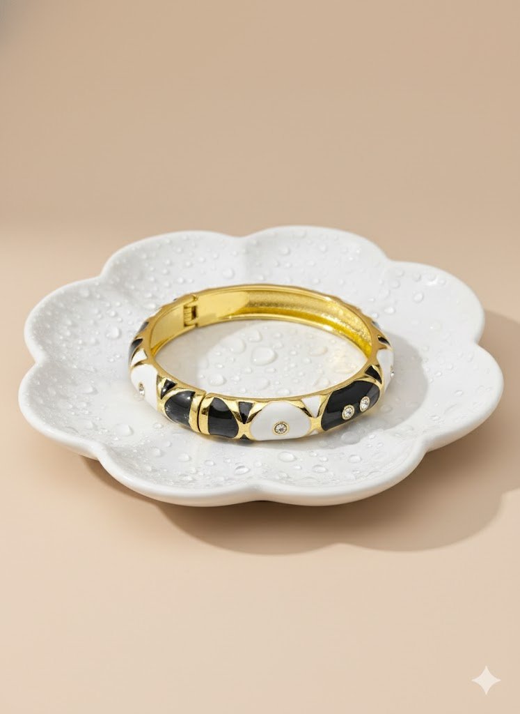 AURÉLIA AMORE LUXE 6™ Noir Pearl Harmony CZ Demi Fine Enamel Kada Bracelet for Women - The Soul Jewellery