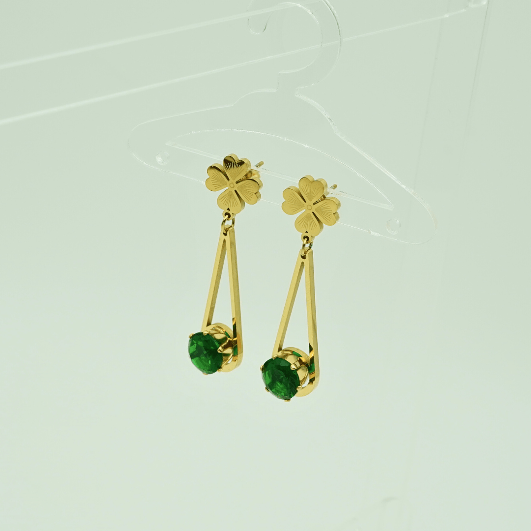 Elegant 18K Gold Plated Anti - Tarnish Clover & Green Crystal Drop Earrings ATER212 - The Soul Jewellery