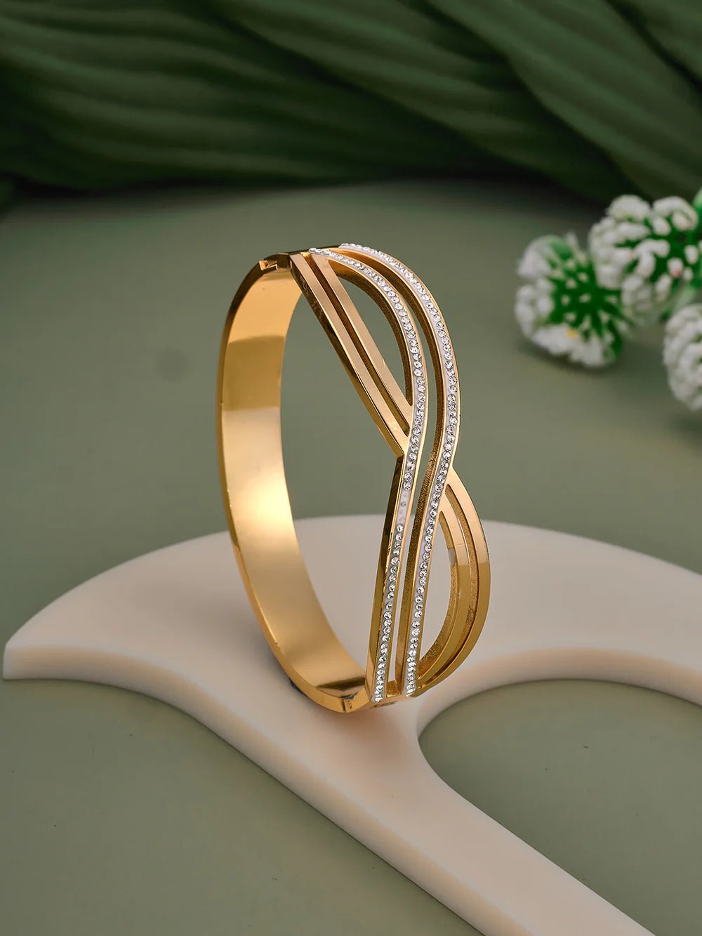 18K Gold - Plated Crossover CZ Bracelet for Women | Anti - Tarnish Demi fine bangle| Daily Wear - The Soul Jewellery