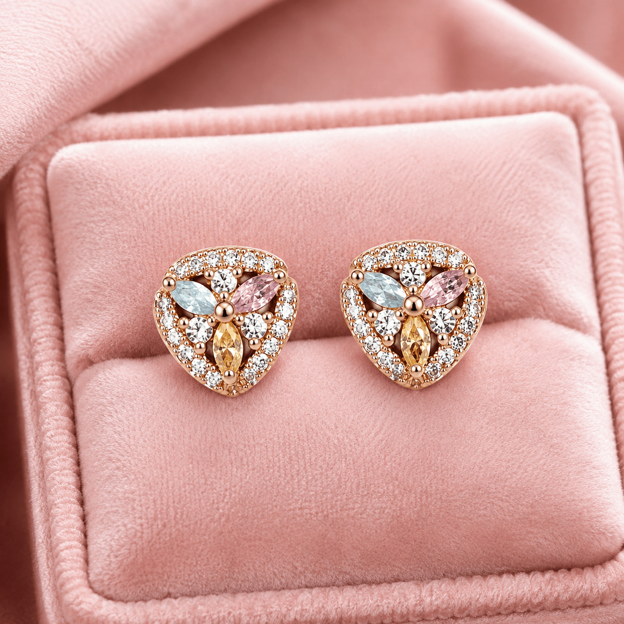 Rose Gold Multicolour Floral CZ Stud Earrings for Women – Pastel Crystal Heart-Shaped Demi fine Stud - Soul Jewellery