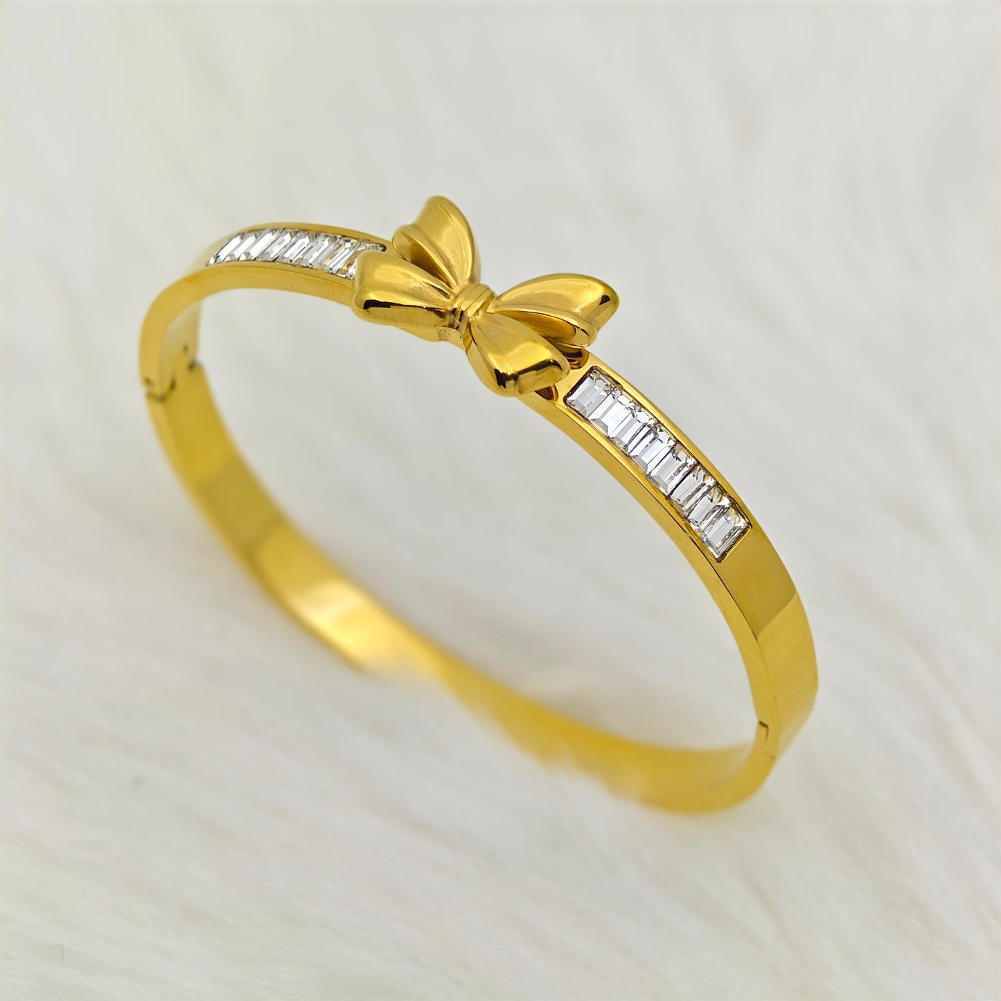 Luxury 22K Gold-Plated Bow Bracelet – Anti-Tarnish Stainless Steel Bangle with Baguette CZ for Women - The Soul Jewellery