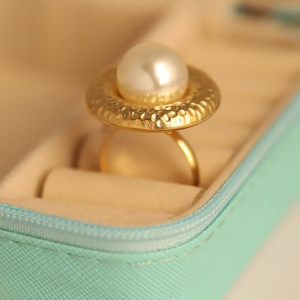 Minimal Pearl Adjustable Ring | Anti - Tarnish Gold Ring with Hammered Design - The Soul Jewellery