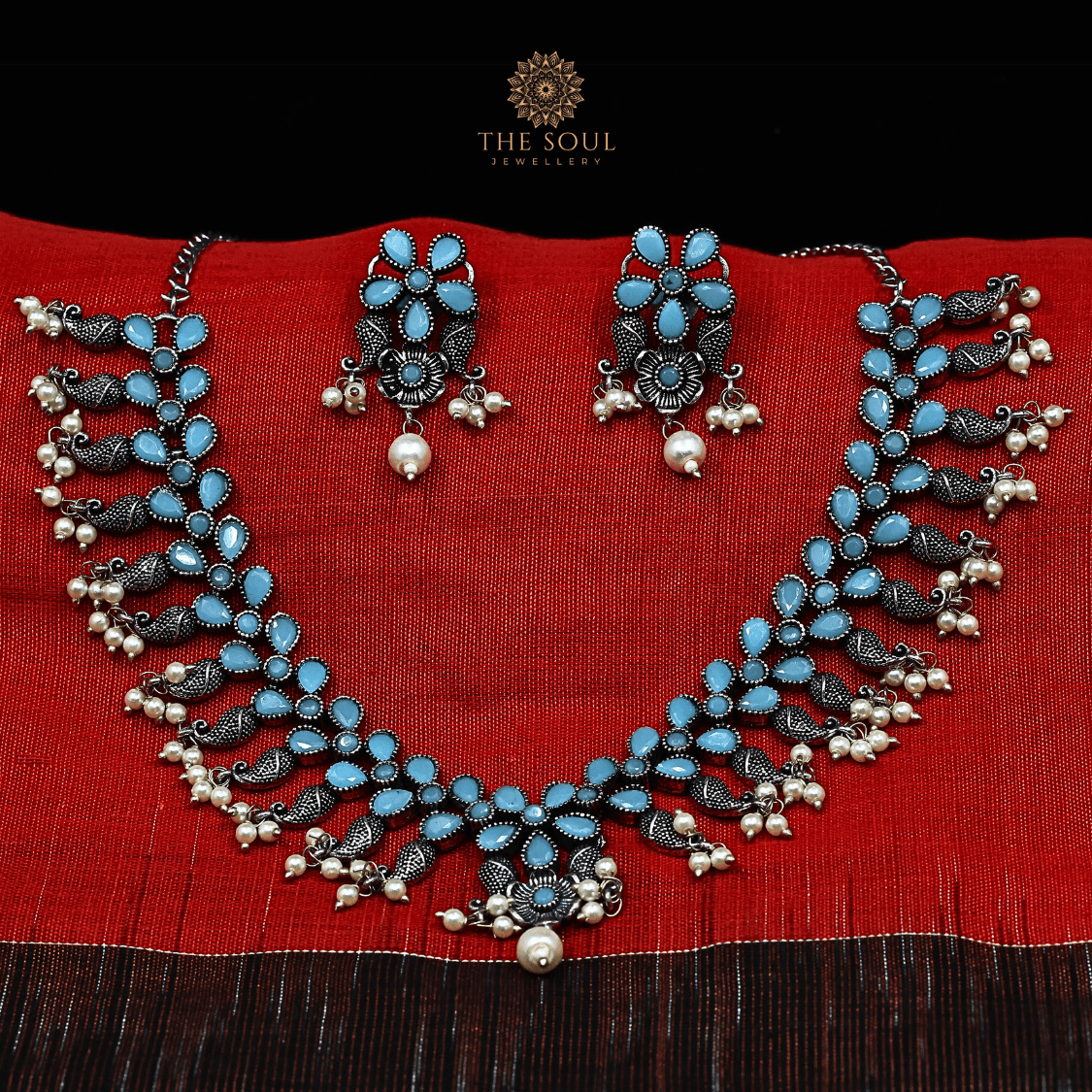 Silver replica Choker Necklace Set with Sky Blue Monalisa Gemstones - The Soul Jewellery