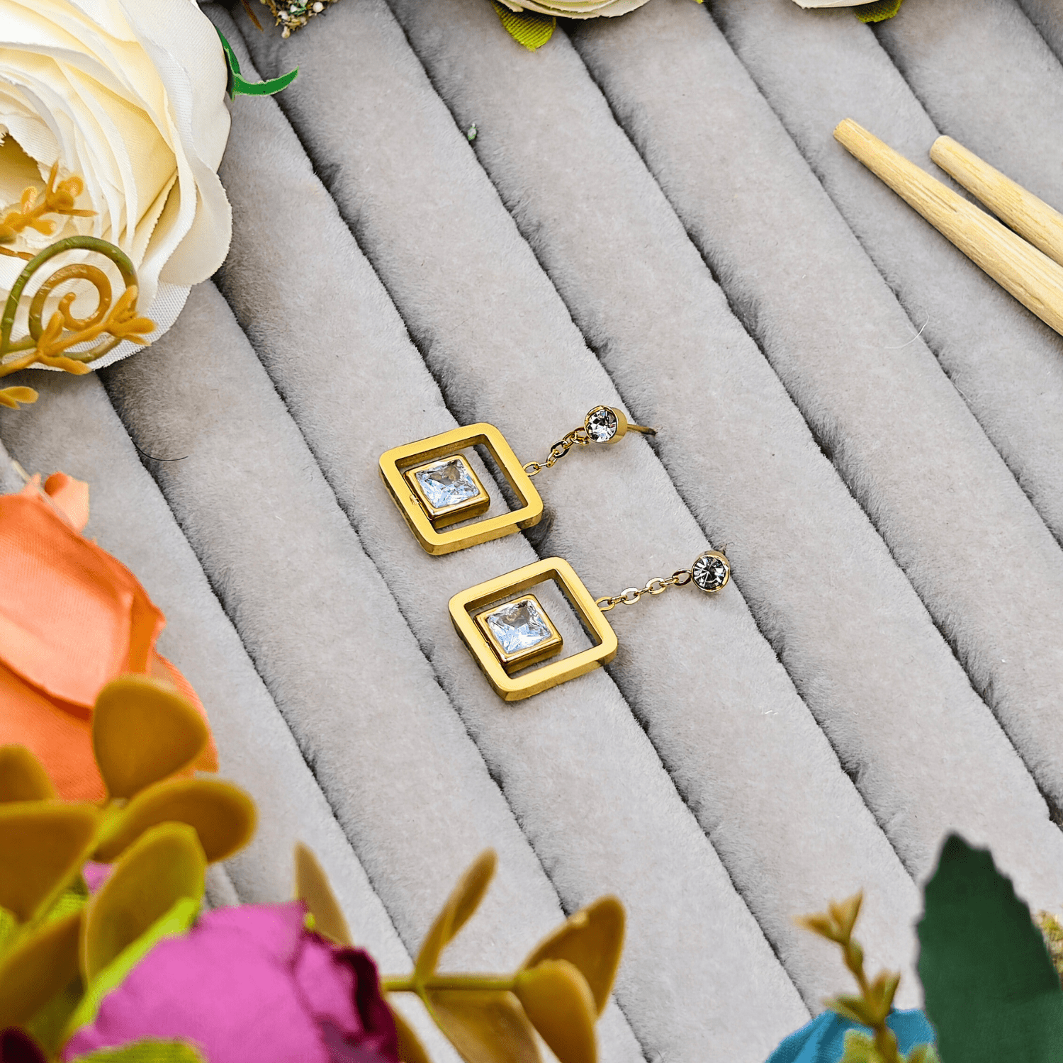 Glistening Geometry: 18K Gold Plated Anti - Tarnish CZ Studded Rectangle Drop Earrings ATER137 - The Soul Jewellery