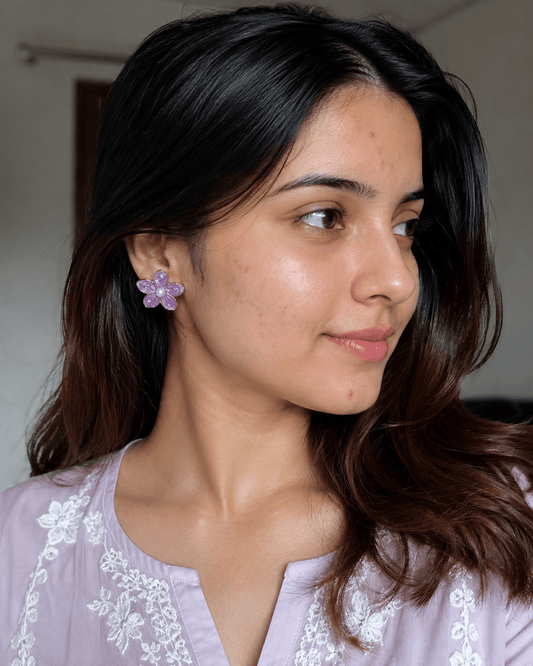 Purple Floral Pearl Stud Earrings for Women – Gold-Tone Enamel Flower Demi Fine Earrings - Soul Jewellery