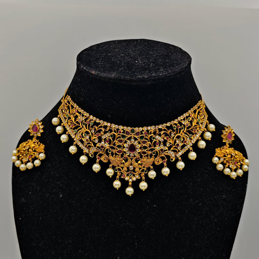 Vasudha Antique Nakshi Choker Set with Intricate Pearl and Ruby Accents – Traditional Temple Jewelry MGNC319 - The Soul Jewellery