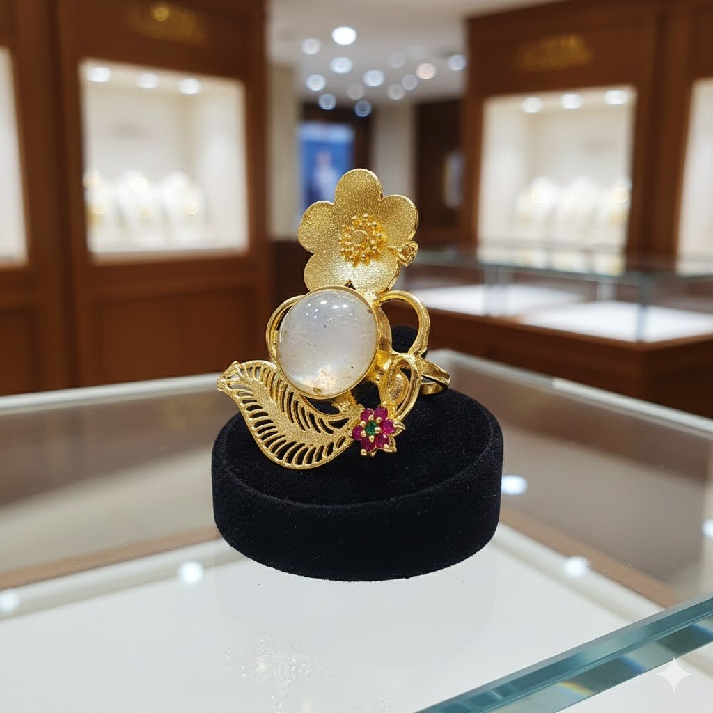 Handcrafted Gold - Plated Brass Ring with Natural Stone – Floral Designer Statement Ring for Women - The Soul Jewellery