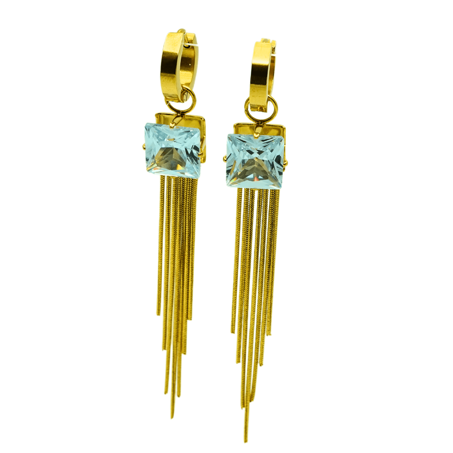 Elegant Tassel Drop Earrings with Aquamarine Square Gem – 18K Gold Plated, Anti - Tarnish Finish ATER302 - The Soul Jewellery