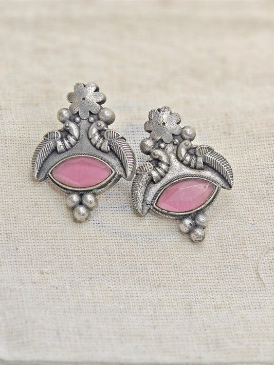 Antique Peacock Silver Replica Earrings with Pink Stone | Ethnic Festive Jewellery for Women - The Soul Jewellery