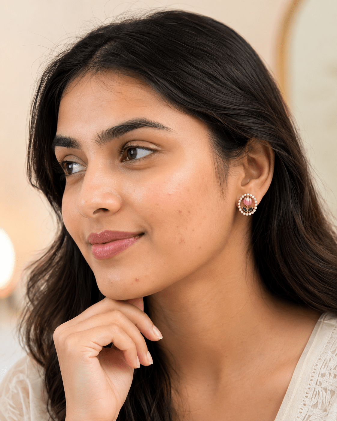 Pink Tulip Pearl Stud Earrings for Women – Gold-Tone Floral Earrings with Green Leaf Detail - Soul Jewellery