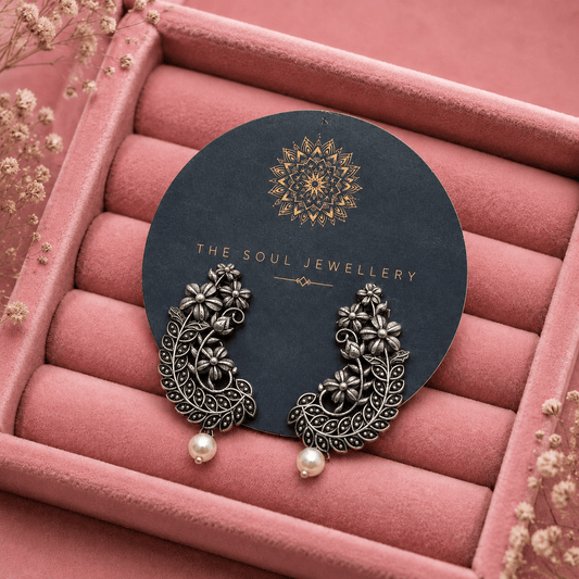 Oxidized Floral Pearl Drop Earrings – Handmade Ethnic Silver Replica Jewellery for Women, Lightweight - The Soul Jewellery