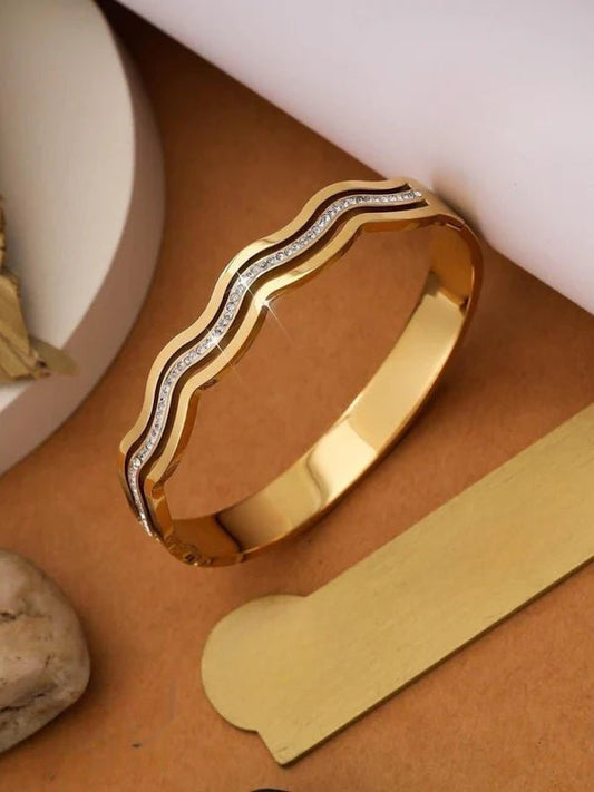 Waves of Elegance Aura 27™ Gold Cuff Bracelet for Women – Wave Design Kada | Anti - Tarnish Demifine Bangle - The Soul Jewellery