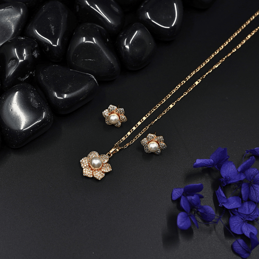 Floral Radiance: 18K Gold - Plated Anti - Tarnish Necklace and Earring Set with Pearls and Crystal ATCP139 - The Soul Jewellery