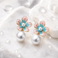 Multicolour Floral Pearl Drop Earrings for Women – Pink & Turquoise Gold-Tone Flower Statement Earrings - Soul Jewellery