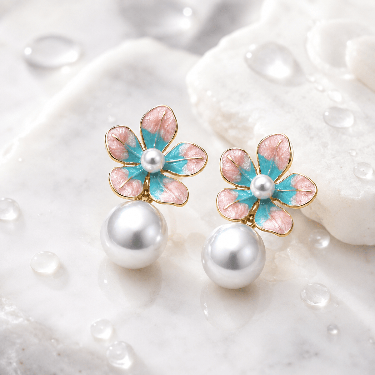 Multicolour Floral Pearl Drop Earrings for Women – Pink & Turquoise Gold-Tone Flower Statement Earrings - Soul Jewellery