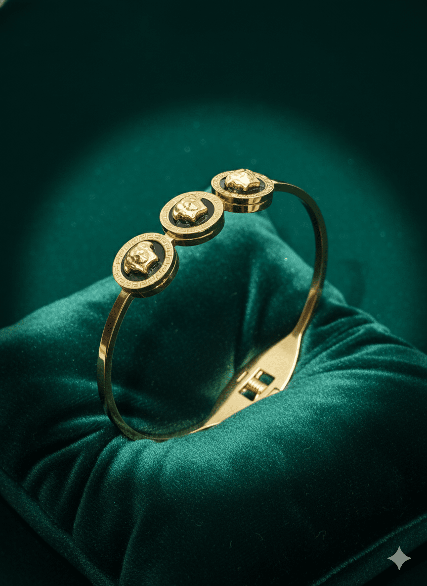 Versace-Inspired Medusa Motif Bangle Bracelet Black Enamel | AntiTarnish Stainless Steel Unisex Kada -The Soul Jewellery