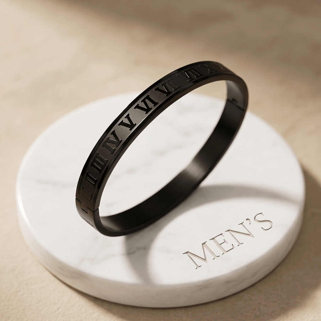 Imperial Roman Aura 27™ Men’s Black Bracelet – Engraved Roman Numeral Kada |Daily wear Minimal Cuff - The Soul Jewellery