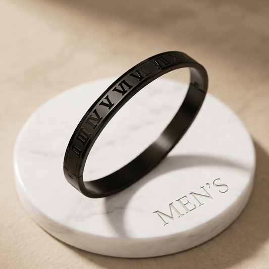 Imperial Roman Aura 27™ Men’s Black Bracelet – Engraved Roman Numeral Kada |Daily wear Minimal Cuff - The Soul Jewellery