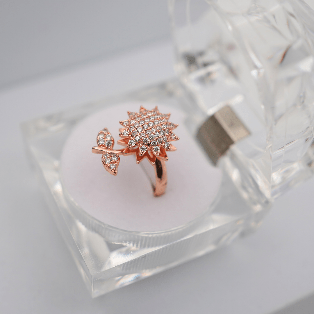 Elegant Anti - Tarnish Rose Gold Plated Lily Spinner Adjustable Ring with Crystal Accents – Unique and Stylish Design RGR153 - The Soul Jewellery