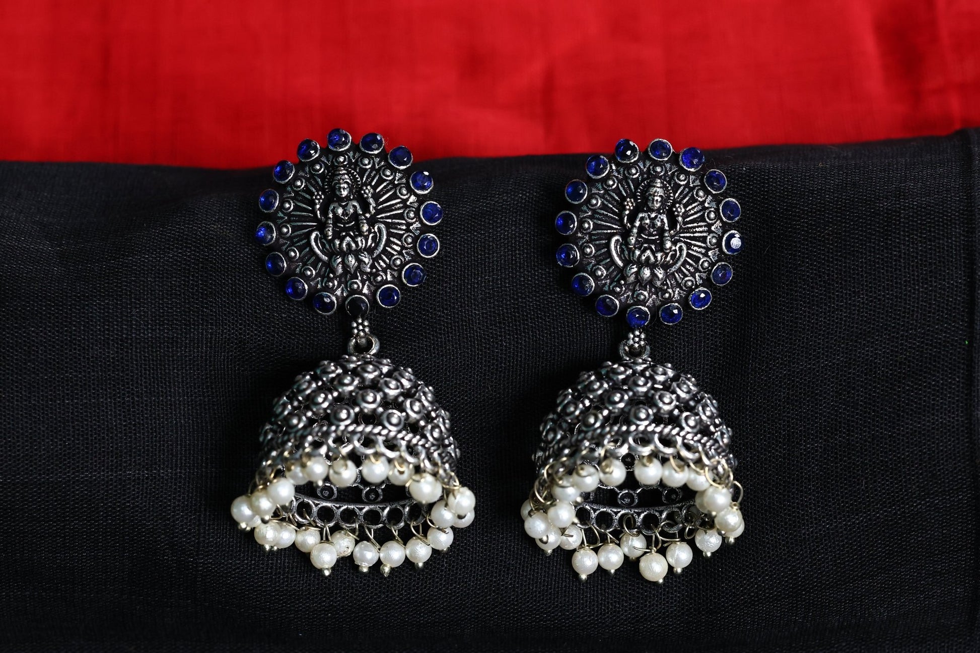 German Silver Lakshmi Jhumka Earring with Blue Stones and Pearls - The Soul Jewellery
